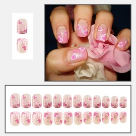 Valentines Day Press On Nails Short Square Fake Nails Pink False Nails With Glitter Heart Designs Valentines Nails Press Ons Full Cover Glue On Nails Glossy Short Stick On Nails For Women