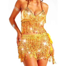 EARENT Belly Dance Hip Scarf Tassel Sequin Skirt and Top Set Rave Concert Fringe Skirts for Women, Gold, Free Size