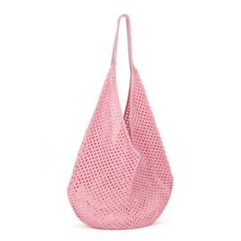 Lepoetedit Crochet Mesh Tote Bag for Women Summer Beach Knit Shoulder Handbags Boho Bag, Pink