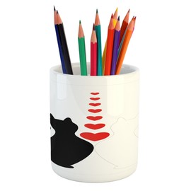 Lunarable Animal Pencil Pen Holder, Cartoon 2 Cats Feline with Hearts in Love Romantic Valentines Image Art, Printed Ceramic Pencil Pen Holder for Desk Office Accessory, Black White and Red