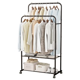 SUOERNUO Clothes Rack with Wheels Garment Rack for Hanging Heavy-Duty Clothing Rack Metal Rolling Clothes Shelves for Bedroom, Closet (Black)