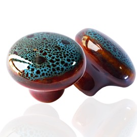 Perphin Vintage Round Cabinet Knobs Glazed Ceramic Round Knobs for Dresser Drawer, Antique Drawer Pull for Home Decor Door Handles (6 Pack Vintage Blue)