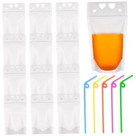 PACKOVE 50PCS Food Grade Clear Drink Pouches with Reclosable Zipper and Bottom Gusset Hand Held Translucent Plastic Bags with Straws Heavy Duty Juice and Smoothie Drinking Random Color