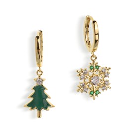 Sonateomber Christmas Tree Snowflake Dangle Drop Small Gold Hoop Earrings for Women Cute Green CZ Rhinestone Snow Xmas Holiday Earring Christmas Accessories Jewelry Gift