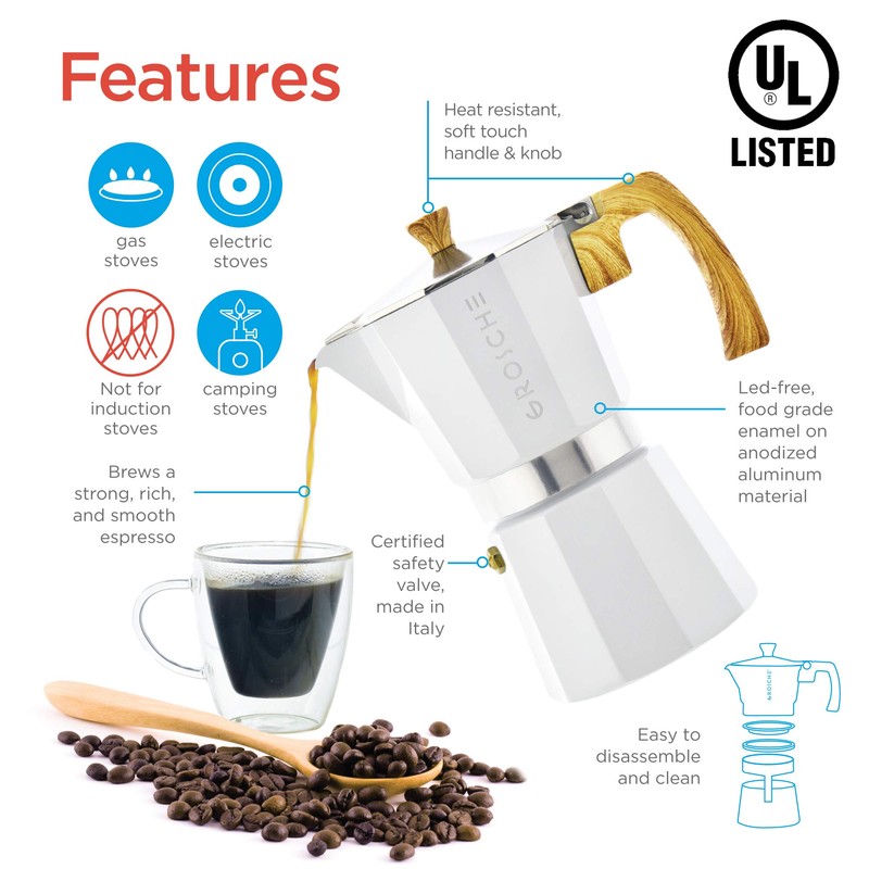 GROSCHE White Milano Stovetop Espresso Maker, 6 cup