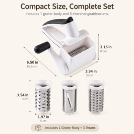 Cheese Grater Hand Crank, 3 Stainless Steel Drums ABS Cheese Shredder Dishwasher Safe Kitchen Slicer