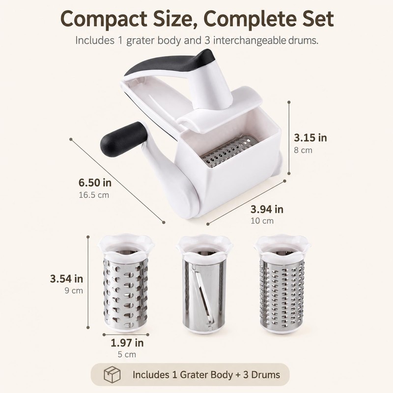 Cheese Grater Hand Crank, 3 Stainless Steel Drums ABS Cheese