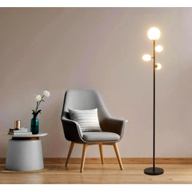 Fiqevs 4 Globe Mid Century Floor Lamp with LED Bulbs & Frosted Glass Lampshade, Modern Black Tree Standing Lamp, Retro Vintage Tall Lamp for Living Room, Bedroom & Office