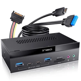 ineo 5.25" 10Gbps USB 3.2 Front Panel Card Reader with Audio Ports - SD/microSD Internal Reader, USB3.2 Type-E Key-A 20-Pin & USB3.0 Header, 15-Pin SATA Power