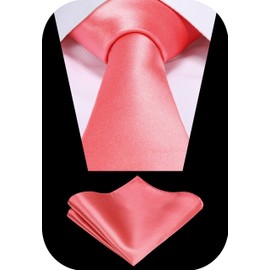 TIE G Solid Satin Color Formal Necktie and Pocket Square Sets in Gift Box (Coral)