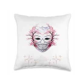 Samurai Mask Japanese Anime Kawaii Blossom Cherry Flower Throw Pillow