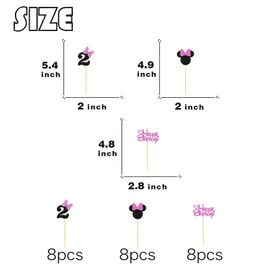 ShuanQ Pink Glitter Mini Mouse Inspired Cupcake Toppers with Bow - Kids Girls 2nd Birthday Baby Shower Party Cupcake Decorations - Cartoon Theme Pink Mouse Party Supplies (2nd)