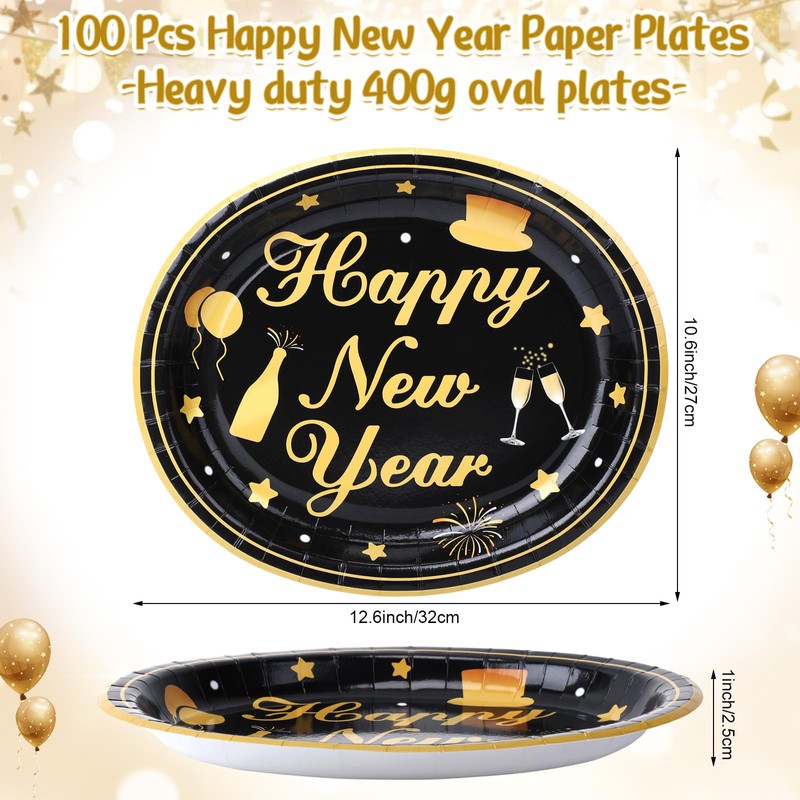 100 Pcs Happy New Year Paper Plates Oval,Black Gold,10.6"x12.6"