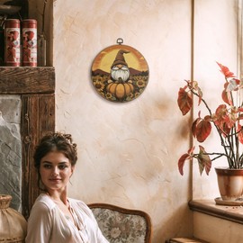 FUGWN Fall Thanksgiving Gnome Round Wall Art Decor Framed, Fall Pumpkin Floral Thanksgiving Canvas Artwork Prints, Farmhouse Autumn Wall Hanging Decorations for Home Bedroom Living Room, 10x10 Inch