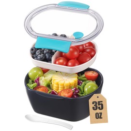 CherHome Salad Container for Lunch，Divided Bento Box Lunch Box for Fresh Meals, Leak Proof Seal, Dishwasher & Microwave Safe, 35oz. BPA-Free Lunch Box with 2-Compartment Toppings Tray for On-the-Go