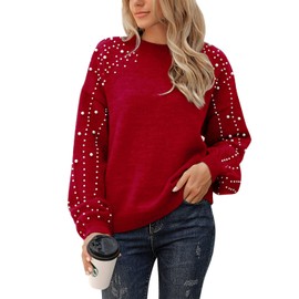 Blooming Jelly Women's Chunky Sweater Crewneck Sweatshirt Knit Lantern Sleeve Oversized Pullover Sweater with Pearls (Medium, Red)…