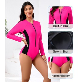 Halcurt Women's Long Sleeve One Piece Rash Guard Swimsuit Zip Front UPF50+ Surfing Swimwear Pink Black M