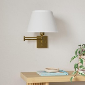 TRLIFE Remote Control Dimmable Wall Sconce, Adjustable Color Temperature 2700K-6500K Brushed Brass Swing Arm Wall Lights with Plug in Cord, 11.8" Large White Shade(2 Pack, 2 Bulbs)