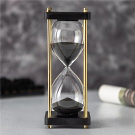 ELAINESTORE Hourglass Timer 60 Minute with Golden Pillars, Black Wooden Base Decorative Sand Timer (Black Sand, Large Size)