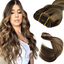 Ubetta Sew in Hair Extensions Real Human Hair, Weft Hair Extensions Human Hair Dark Brown Balayage Ash Brown Hair Extensions Human Hair Bundles Hand Tied Weft Hair Extensions Human Hair 14 Inch 80G