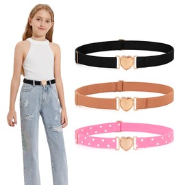 WERFORU 3 Pack Girls Fashion Cute Elastic Stretch Belt Adjustable Heart Belt, Black, brown, pink