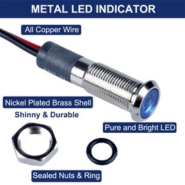 DMWD 5 Pcs 12V-24V 6mm LED Indicator Light Mounting Hole 1/4" 20mA Energy Saving Metal Signal Lamp Waterproof IP67 with 15cm/5.9in. Wire for Car Truck Boat (Blue LED)