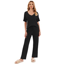 SotRong Womens Summer Pyjamas Set Two Piece Matching Ribbed Outfit Cozy Lounge Wear Sets Ladies Casual Solid Leisure Co Ord Suits V Neck High Low Slit Hem Short Sleeve Top &Pants Set Black L