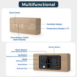 Virklyee Wooden Digital Cube Alarm Clock with LED Temperature Display, 12/24 HR, 3 Levels Adjustable Brightness, with USB Charging Port (Rectangle, Wood Colour)
