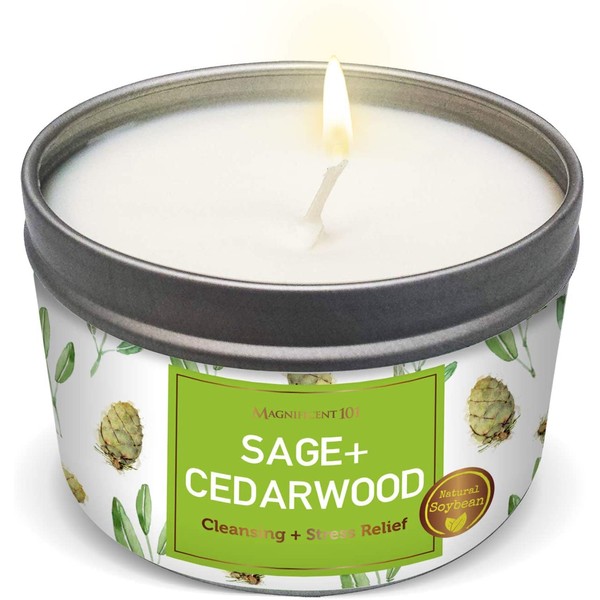 SAGE + Cedarwood Aromatherapy Candle for House Energy Cleansing and Stress Relief, Banishes Negative Energy I Purification and Chakra Healing - Natural Soy Wax Tin Candle for Aromatherapy 6oz