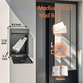 Wall Mount Mailbox, Combination Lock Mail Boxes for Outside, Safe Drop Box with Code, Metal Secure Hanging Mailbox for Home School,12.8H x 8.6L x 3.3W Inches,Black