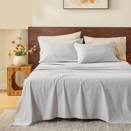 MEISHANG 100% Linen Sheets Queen Size - 4 Piece Breathable Sheet Set, Ultra-Soft Durable Flax Linen, Naturally Cooling & Moisture Wicking with 16" Deep Pocket (Silver Grey)