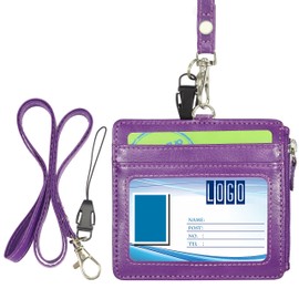 Badge Holder with Zip, Wisdompro 2-Sided PU Leather ID Badge Holder with 1 ID Window, 4 Card Slots, 1 Side Zipper Pocket and 1 Piece 20 Inch PU Neck Lanyard/Strap - Purple (Horizontal)