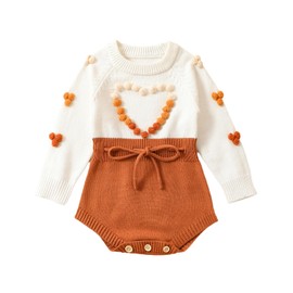 Ursobutegl Baby Girl Knitted Romper Sweater Long Sleeve Knit Embroidery Floral Onesie Bodysuits Warm Fall Winter Clothes (Love Heart-caramel, 12-18 Months)