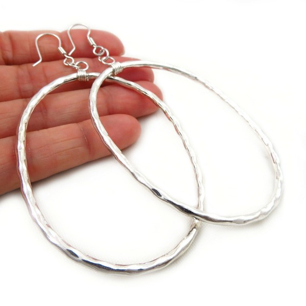 Long 925 Sterling Silver Hammered Oval Hoops Earrings in a Gift Box