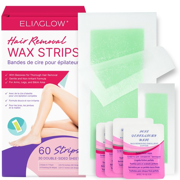 Body Wax Strips Hair Removal for Women: ELIAGLOW 60 Waxing Strips Double Sides & 4 Calming Oil Wipes - Brazilian Wax Kit At Home for Face, Legs, Arms, Chest, Bikini - Hypoallergenic for All Skin Types