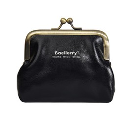 Amexo Leather Purse, Small Purse, Vintage Coin Bag with Clip Closure, Kisslock, PU Wallet, Portable Coin Purse, Mini Coin Purses for Women and Children, black, vintage