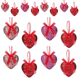 16 PCS Valentine's Day Heart Ornaments, Heart Shaped Hanging Ornaments, Heart Shaped Baubles Romantic Glitter Hanging Decorations for Home Wall Decor Valentine's Day Wedding Party Anniversary