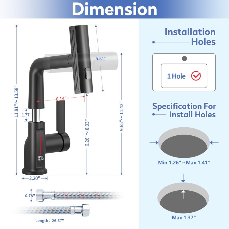 SINGSUO Bathroom Sink Faucet 1 Hole with Temperature Display, Single