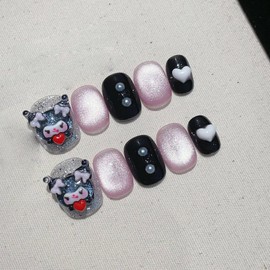 Handmade Press On Nails Short MouyouGlow, Squoval Round Kawaii Cute Black Pink Cat Eye 3D Kuro mi Kitty Carton Heart Magnetic Black Resuable Fake Nails, Handmade Artificial Fingernails, 10 Pieces,
