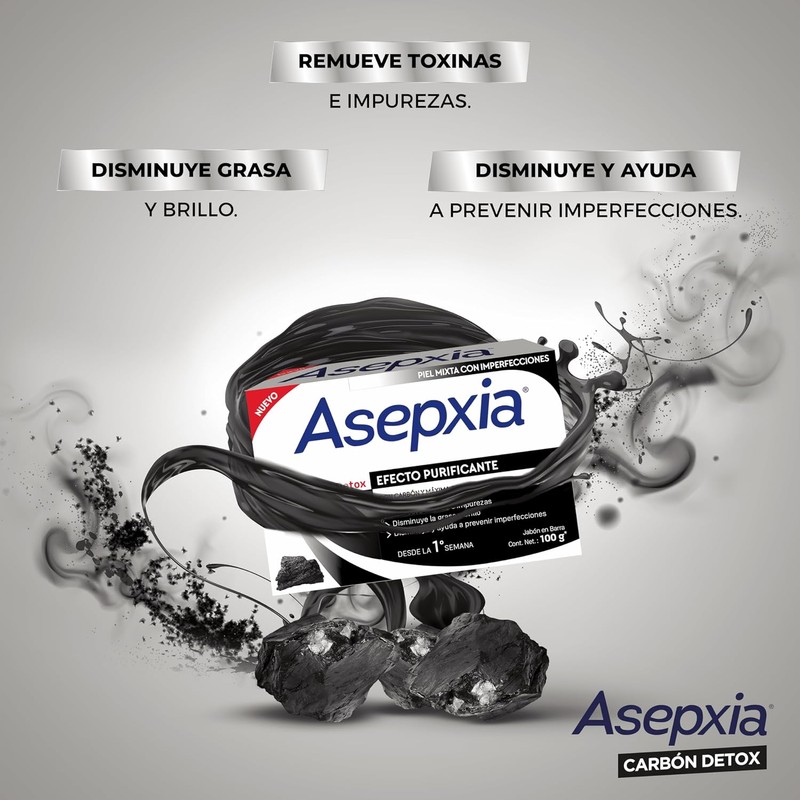ASEPXIA Carbón Detox Jabón en Barra, Efecto purificante, remueve toxinas