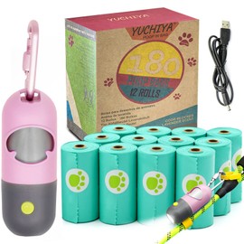 Dog Poop Bags Holder with LED Flashlight Doggie Poo Bag Dispenser for Leash Hands-free Pet Waste Bags Pouch with Rechargable Battery and USB cable (1 Holder 195 Bags, Pink)