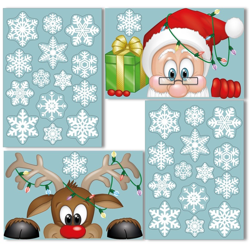Peeping Santa and Rudolph Window Clings – With 28 Snowflakes