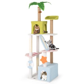 PETSITE 71 inch Beach-Themed Tall Cat Tree, Multi-Level Cat Tower with Scratching Posts, Dual Condos, Ramp, Faux Plant Leaves, and Cute Interactive Hanging Toys, Cute Cat Tree Tower for Indoor Cats