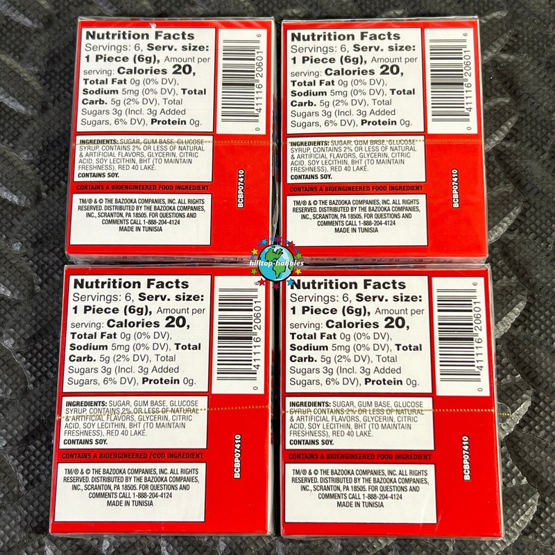 Bazooka 4-PACK LOT OF BAZOOKA ORIGINAL BUBBLE GUM 6 PIECES