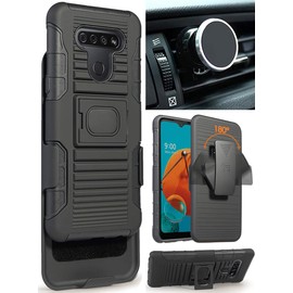 Case/Mount/Clip for LG K51, Nakedcellphone Black Ring Grip [Rugged Cover with Stand] and [Belt Hip Holster] and [Magnetic Car Holder] for LG K51, Reflect (L555DL), Q51