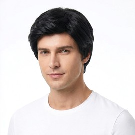 EDLMKM SShort Black WigFor Male, Synthetic Mens Wigs Short Hair, SShort Black Straight Wig for Men, Men's Wigz, Mens Short Wigg, Wigs for Men, Toupee Wig Menn, BBlack Hair Wigg, Hair Pieces for Menn