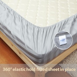 100% Cotton Fitted Sheet King Size Only, 600 Thread Count, 8"-16" Deep Pocket Sateen Weave Bottom Sheet, Soft Breathable Comfy & Hotel Quality (King, Striped Gray)