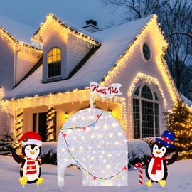 GlikCeil 4 Pcs Lighted Christmas Penguin Decorations 2D North Pole Ice House Penguins North Pole Christmas Flag with LED Lights Plug in for Indoor Outdoor Xmas Winter Holiday Garden Yard Lawn