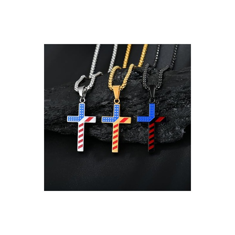 Raymard Mens American Flag Cross Stainless Steel Pendant Necklace, Religious