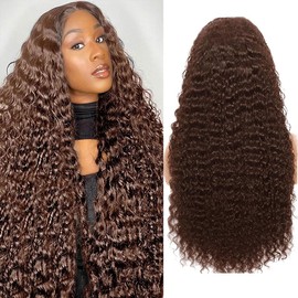 30 Inch Chocolate Brown Water Wave HD Lace Front Wigs Human Hair 10A Deep Curly 13x4 Transparent Lace Frontal Wigs Pre Plucked #4 Wet And Wavy Wigs Human Hair for Women 180% Density (Chocolate Brown)